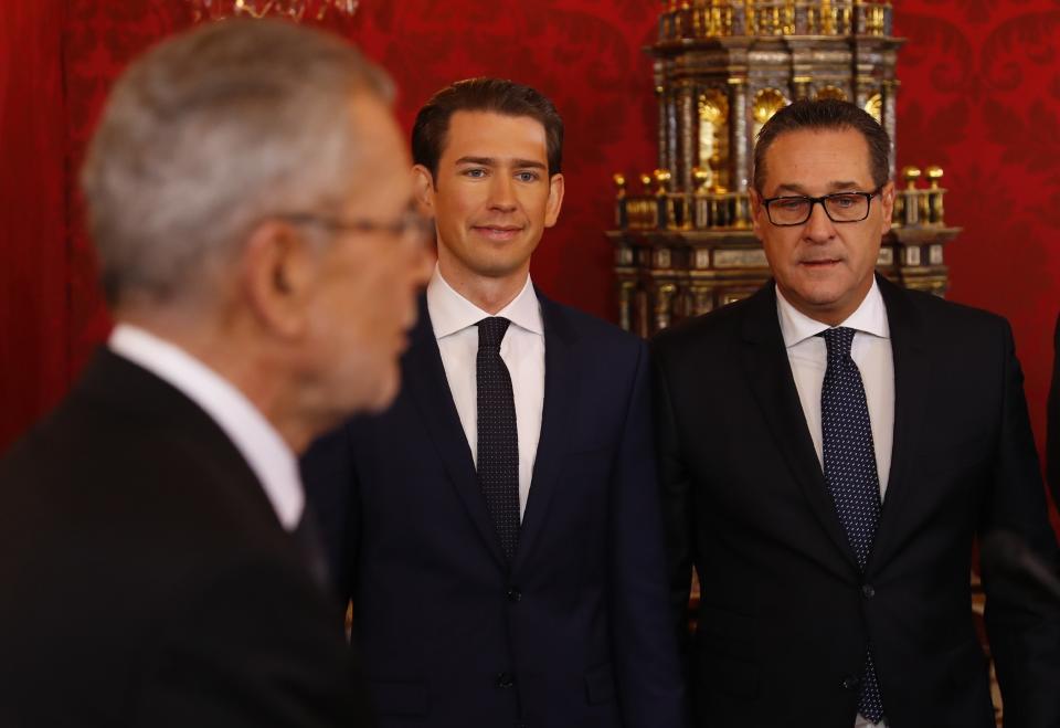 Sebastian Kurz, center, was sworn in Monday as Austria's chancellor. He will be joined by vice chancellor Heinz-Christian Strach, right, a member of the far-right Freedom Party. (Photo: Leonhard Foeger / Reuters)