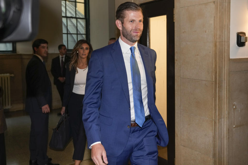 Eric Trump arrives at New York Supreme Court, Monday, Oct. 2, 2023, in New York. Former President Donald Trump is making a rare, voluntary trip to court in New York for the start of a civil trial in a lawsuit that already has resulted in a judge ruling that he committed fraud in his business dealings. (AP Photo/Seth Wenig)