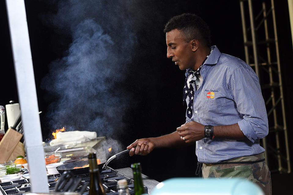 Samuelsson doing a cooking demonstration