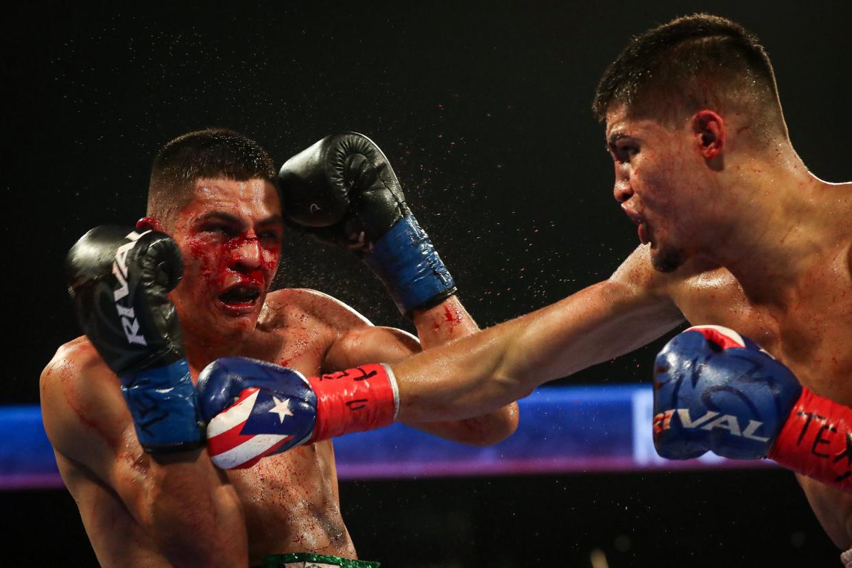 Roberto Valenzuela, Jr. and Xander Zayas fight for the NABO/ NABF Junior Middleweight Titles live on ESPN during a Top Rank bout at the American Bank Center on Friday, Sept. 15, 2023, in Corpus Christi, Texas. Zayas won by technical knockout in the fifth round.