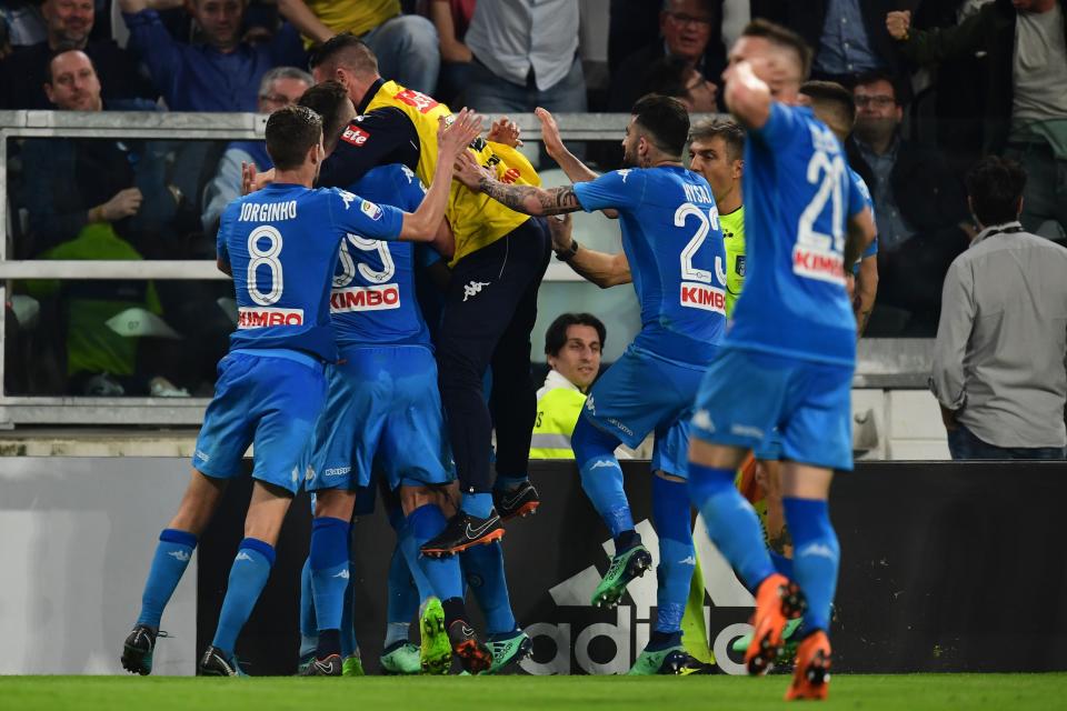 Napoli players celebrate Kalidou Koulibaly’s winner against Juventus. (Getty)