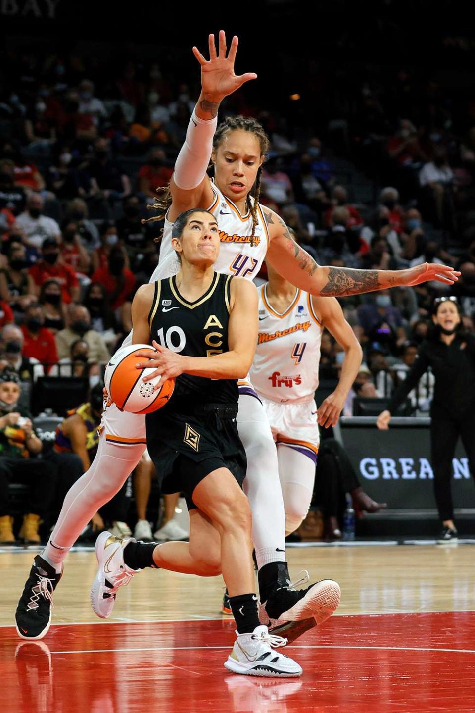 Kelsey Plum #10 of the Las Vegas Aces drives to the basket against Brittney Griner #42 of the Phoenix Mercury during Game Two of the 2021 WNBA Playoffs semifinals at Michelob ULTRA Arena on September 30, 2021 in Las Vegas, Nevada. The Mercury defeated the Aces 117-91.