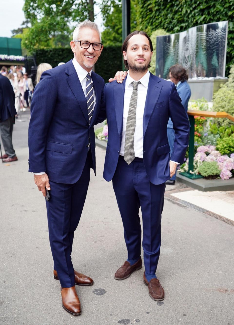 Gary Lineker and his son Tobias arriving on day six of the 2023 Wimbledon Championships at the All England Lawn Tennis and Croquet Club in Wimbledon (PA)