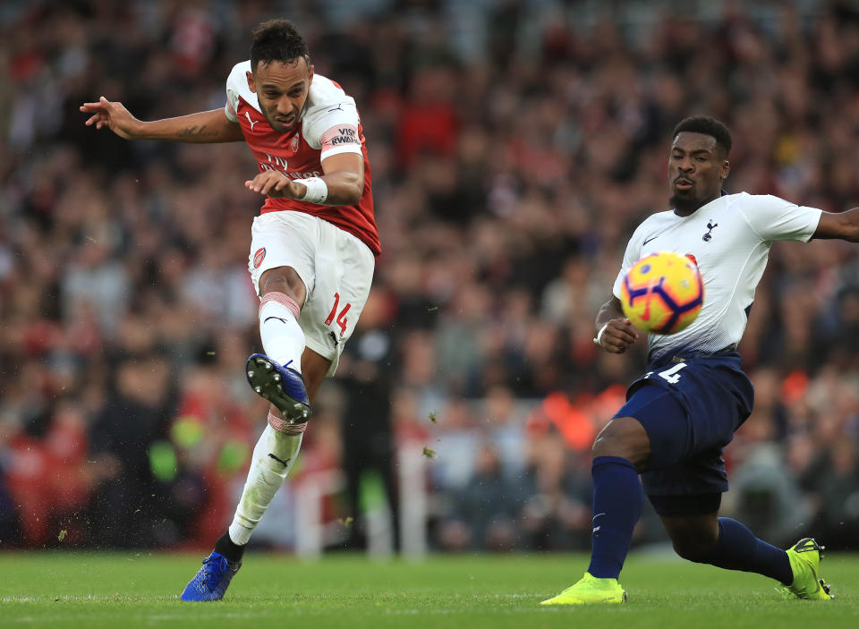 Arsenal’s Pierre-Emerick Aubameyang scores his second goal of the game with a sweet strike
