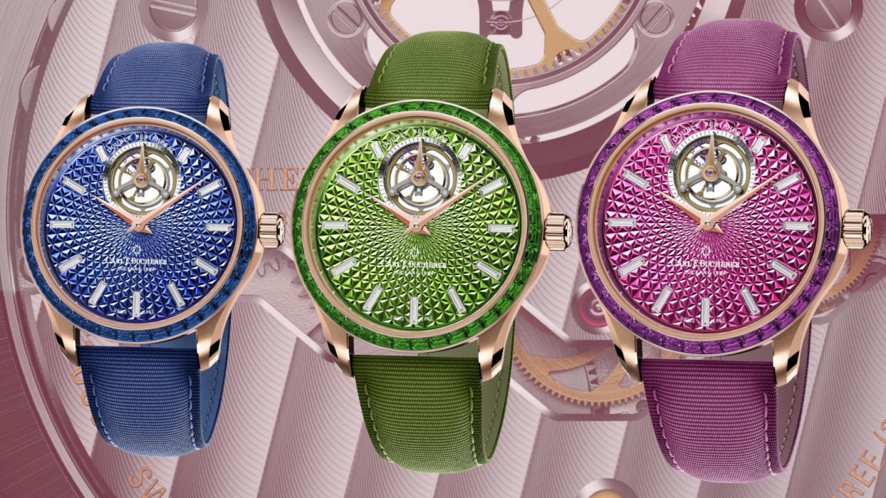  The Carl F Bucherer Manero Tourbillon Double Peripheral shown in all three colour on a backdrop of the watch movement. 