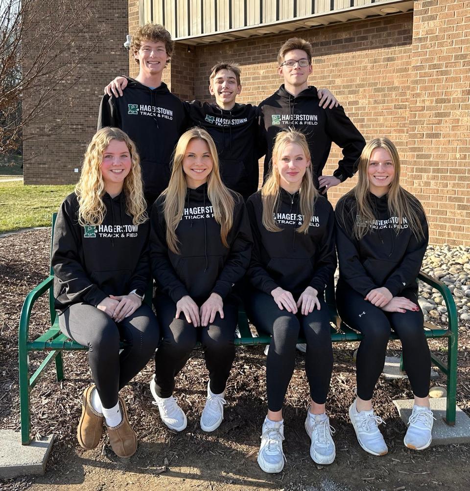 Seven Hagerstown Community College athletes are set to compete at the NJCAA Indoor Track & Field Championships this week in Gainesville, Fla. From left to right are: Bottom row — Kayla Vanderford, Mikaila Ek, Gabby Cook and Michaela Carney. Top row — Jake Scallion, Brayden Ecker and Tommy Bildheiser.