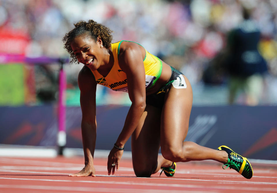 LONDON, ENGLAND - AUGUST 06: Brigitte Foster-Hylton of Jamaica reacts after competing in the Women's 100m Hurdles heat on Day 10 of the London 2012 Olympic Games at the Olympic Stadium on August 6, 2012 in London, England. (Photo by Stu Forster/Getty Images)