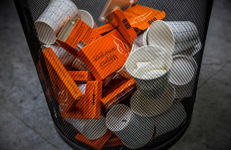 <div class="inline-image__caption"><p>Used boxes of mifepristone, the first drug used in a medical abortion, at Alamo Women’s Clinic in Albuquerque, New Mexico, U.S., Jan. 11, 2023.</p></div> <div class="inline-image__credit">Reuters/Evelyn Hockstein/File Photo</div>