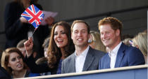 (L-R) Princess Beatrice, Catherine, Duchess of Cambridge, Prince William, Duke of Cambridge and Prince Harry are seen during the Diamond Jubilee, Buckingham Palace Concert May 04, 2012 in London, England. For only the second ime in it's history, the UK celebrates the Diamond Jubilee of a monarch. Her Majesty Queen Elizabeth II celebrates the 60th anniversary of her ascension to the throne. (Photo by Dave Thompson - WPA Pool/Getty Images)