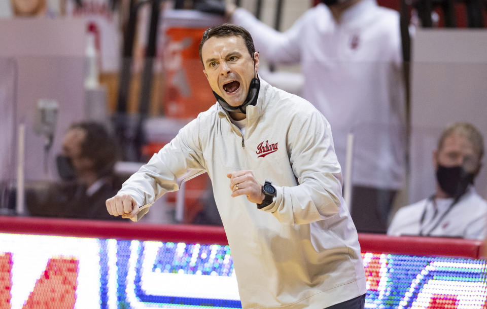 Indiana head coach Archie Miller reacts to the action on the court during the first half of an NCAA college basketball game against Michigan, Saturday, Feb. 27, 2021, in Bloomington, Ind. (AP Photo/Doug McSchooler)