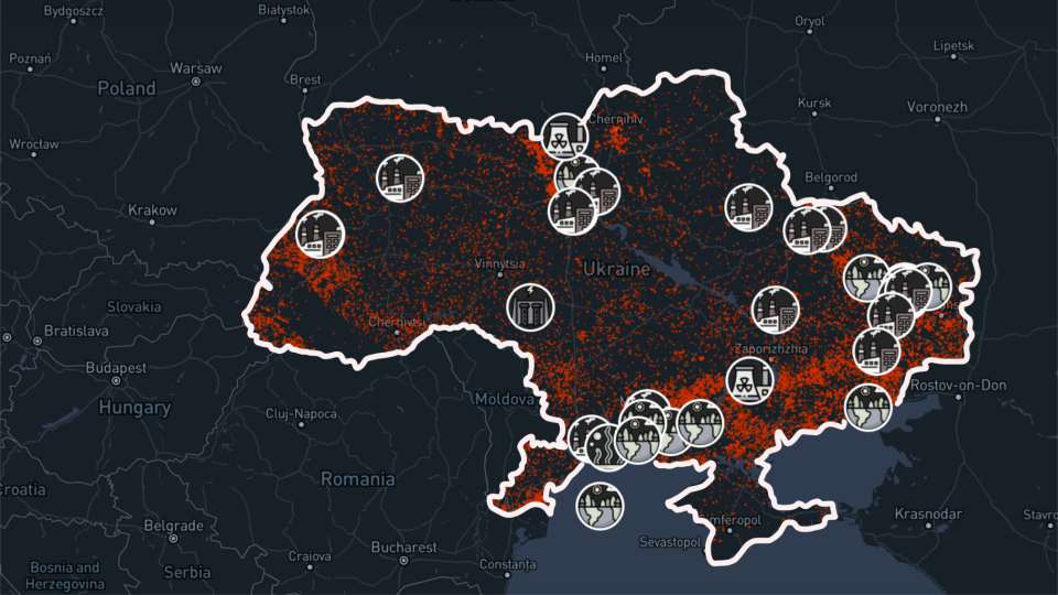 「環境災害分布圖」由綠色和平與 Ecoaction 協同製作，清楚呈現戰火對烏克蘭自然生態造成的破壞。