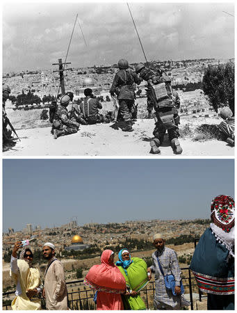 A combination picture shows Israeli commander Motta Gur and his brigade observing the compound known to Muslims as Noble Sanctuary and to Jews as Temple Mount, from their command post on the Mount of Olives just prior to their attack of Jerusalem's Old City, during the 1967 Middle East War, in Jerusalem, in this Government Press Office handout picture taken June 7, 1967 (top) and visitors taking pictures in the same location May 15, 2017. REUTERS/Government Press Office/Handout via Reuters (top)/Ronen Zvulun