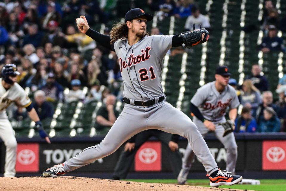 Detroit Tigers pitcher Michael Lorenzen (21) throws a pitch in the first inning against the Milwaukee Brewers at American Family Field in Milwaukee on Wednesday, April 26, 2023.