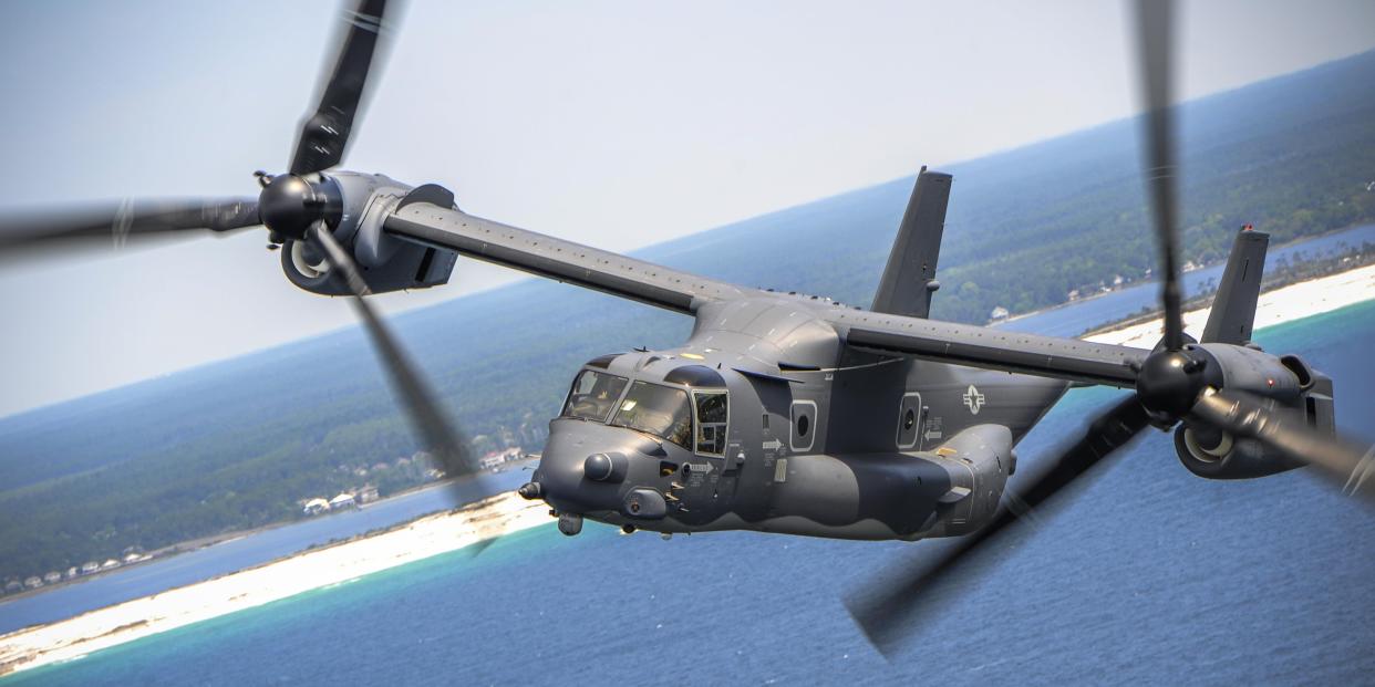A US Air Force CV-22 in flight in a turboprop aircraft configuration.