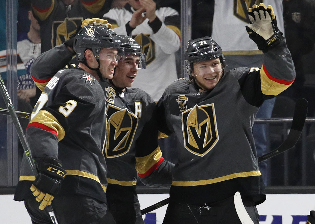 Vegas Golden Knights center William Karlsson, right, has been a great fantasy value. (AP Photo/John Locher)