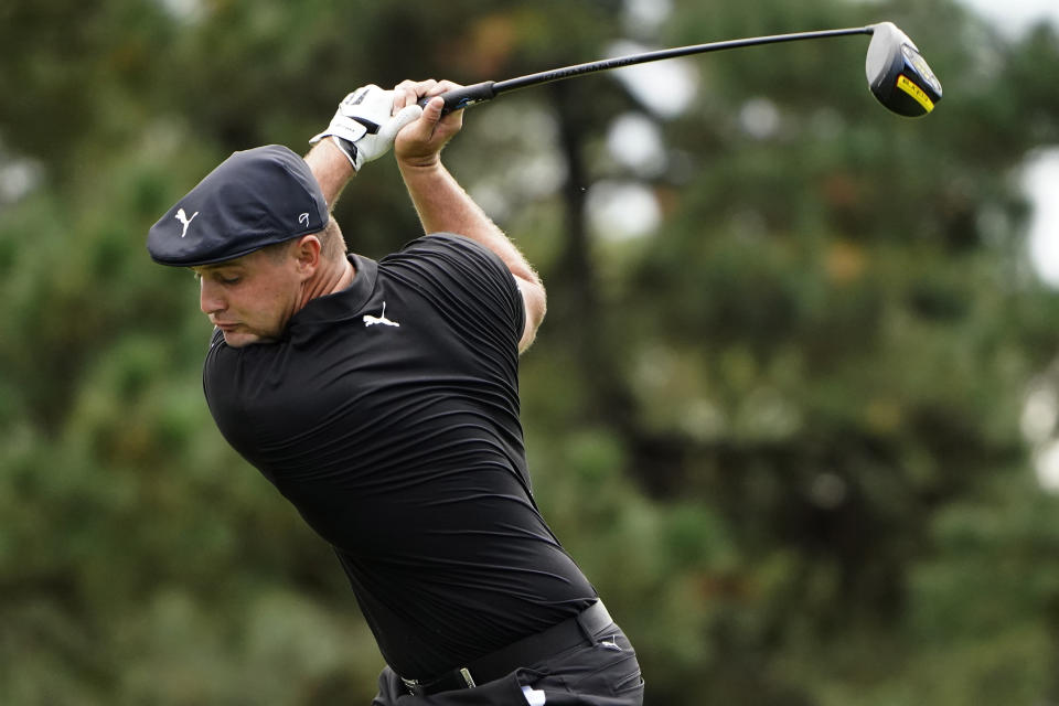 Bryson DeChambeau tees off on the third hole during the first round of the Masters golf tournament Thursday, Nov. 12, 2020, in Augusta, Ga. (AP Photo/Matt Slocum)