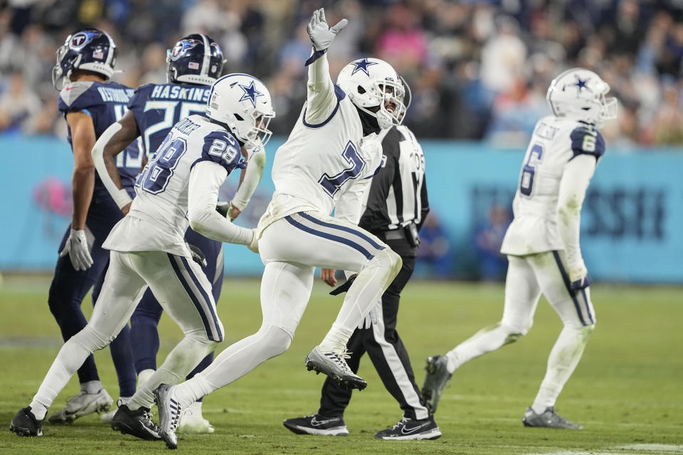 Dallas Cowboys cornerback Trevon Diggs (7) reacts to a fumble that the team recovered against the Tennessee Titans during the first half of an NFL football game, Thursday, Dec. 29, 2022, in Nashville, Tenn. (AP Photo/Chris Carlson)