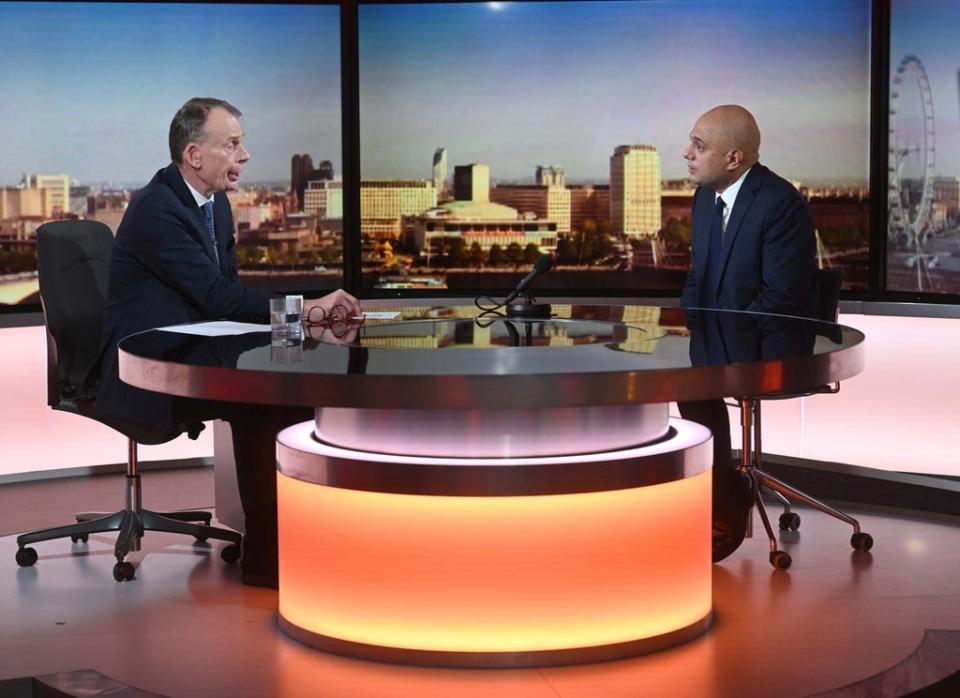 Undated BBC handout photo of Health Secretary Sajid Javid appearing on the BBC1 current affairs programme, The Andrew Marr show (Jeff Overs/BBC/PA) (PA Media)