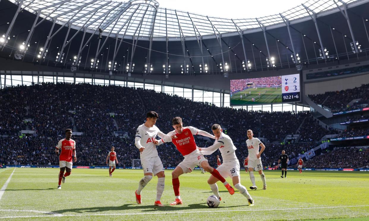 <span>Kai Havertz shields the ball from Son Heung-min and Giovani Lo Celso in injury time at the end of the match. Havertz scored one and set another up for Arsenal in their 3-2 win.</span><span>Photograph: Tom Jenkins/The Guardian</span>