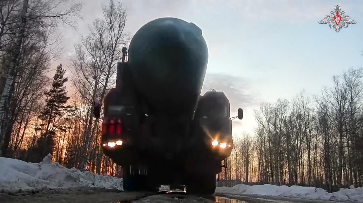 This photo made from video provided by the Russian Defense Ministry Press Service on Wednesday, March 29, 2023, shows a Yars missile launcher of the Russian armed forces being driven in an undisclosed location in Russia. The Russian military on Wednesday launched drills of its strategic missile forces, deploying Yars mobile launchers in Siberia in a show of the country's massive nuclear capability amid the fighting in Ukraine. (Russian Defense Ministry Press Service via AP)