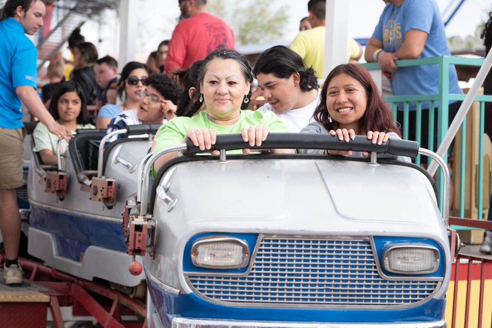 Riders take off after the rain on a roller coaster during 2023's opening weekend at the Wonderland Amusement Park in Amarillo in this 2023 file photo. Park representatives are keeping an eye on the weather forecast, but will open the park for the season this Easter weekend.