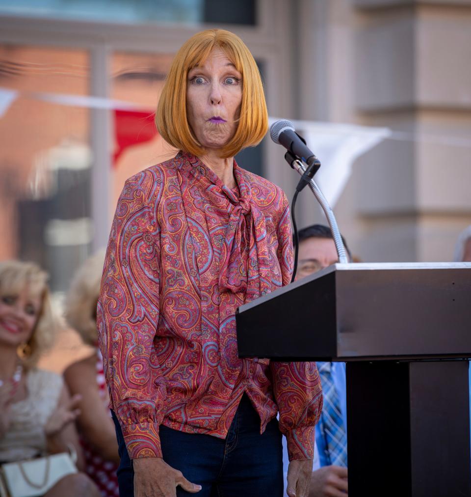 Karen Knotts performs as herself, the daughter of Don Knotts, best known for his role as Deputy Sheriff Barney Fife on The Andy Griffith Show, waits for her scene to begin recording. The production crew of the movie “Mayberry Man” were recording outside of the Hendricks County Courthouse, Saturday, Sept. 5, 2020, in Danville, Ind.