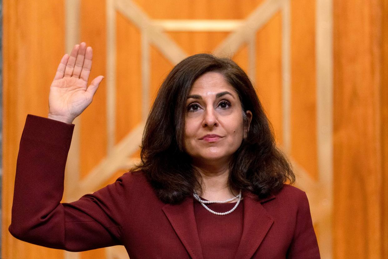 Neera Tanden, nominee for director of the Office of Management and Budget, is sworn in before she testifies during a Senate committee, Feb. 10, 2021. (Photo: ANDREW HARNIK/POOL/AFP via Getty Images)
