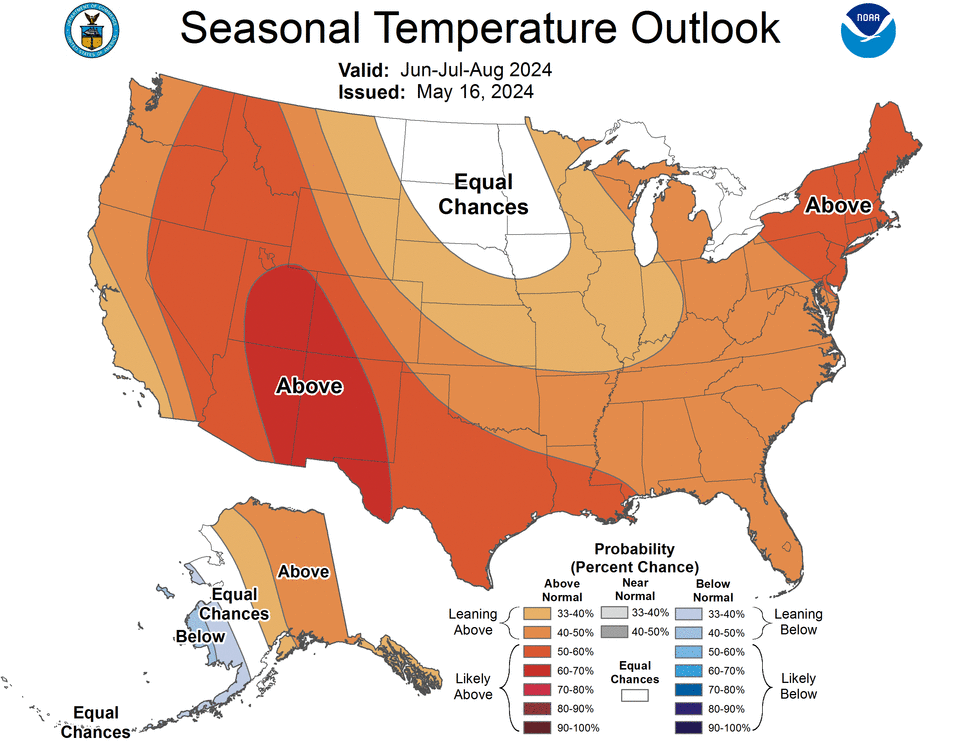 The National Oceanic and Atmospheric Administration's seasonal temperature outlook for the June-July-August season shows elevated chances of above-normal temperatures this summer.