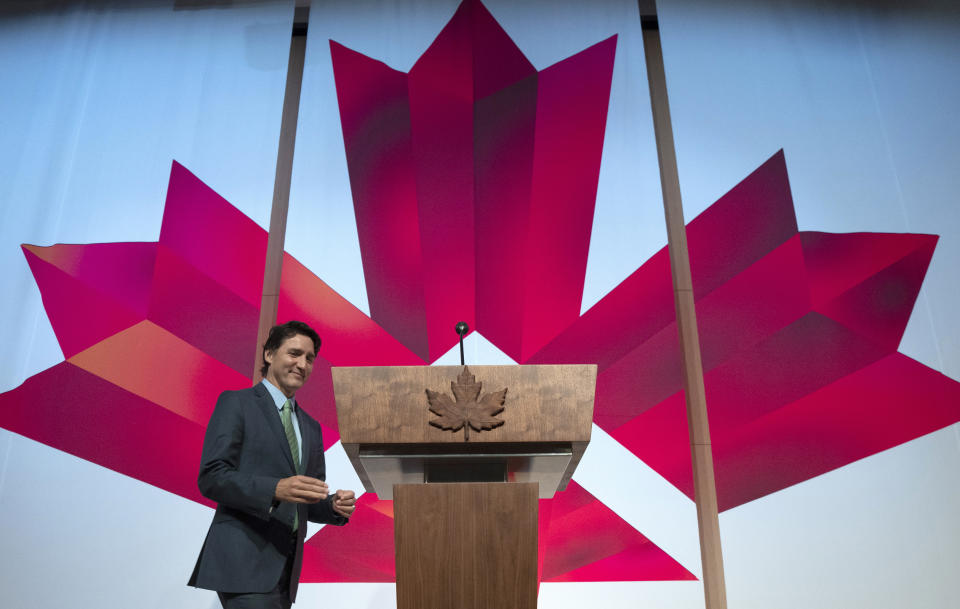 Canadian Prime Minister Justin Trudeau delivers a keynote address on the Canada-Mexico relationship and North American competitiveness at the Centro University, in Mexico City, Mexico, Wednesday, Jan. 11, 2023. (Adrian Wyld/The Canadian Press via AP)