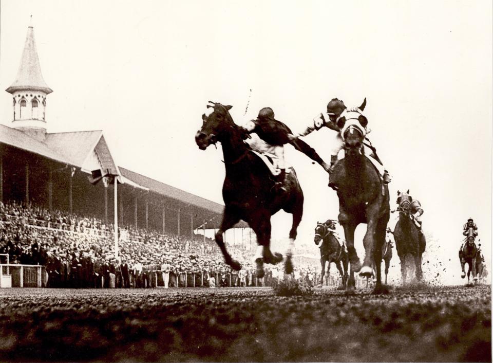 In the 1933 Derby, Bradley's rider, Don Meade, aboard Broker's Tip, and Herb Fisher, on Head Play, slashed at one another, even grabbing each other's silks. Bradley's horse won when stewards denied Fisher's protest.