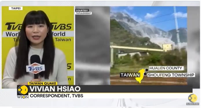 TVBS英語新聞記者蕭子瑜，和印度英語新聞台WION連線，說明花蓮地震災情拷貝。（圖／翻攝WION）