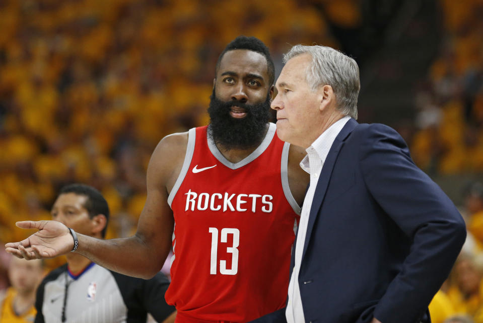 Houston Rockets' James Harden (13) and head coach Mike D'Antoni speak during the second half in Game 4 of an NBA basketball second-round playoff series against the Utah Jazz Sunday, May 6, 2018, in Salt Lake City. The Rockets won 100-87. (AP Photo/Rick Bowmer)