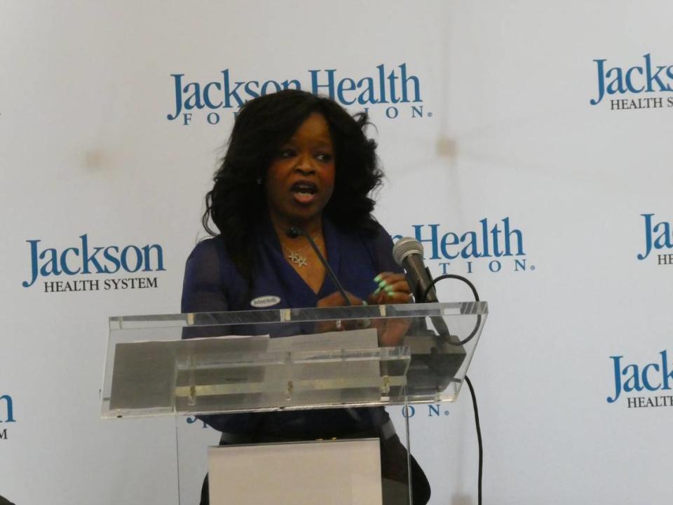 Erika Rolle, an assistant principal for Miami-Dade Virtual Schools, spoke about her experience as a heart transplant patient during a news conference at Jackson Health’s Lynn Rehabiliation Center in Miami announcing a new fundraising campaign for the public hospital system.