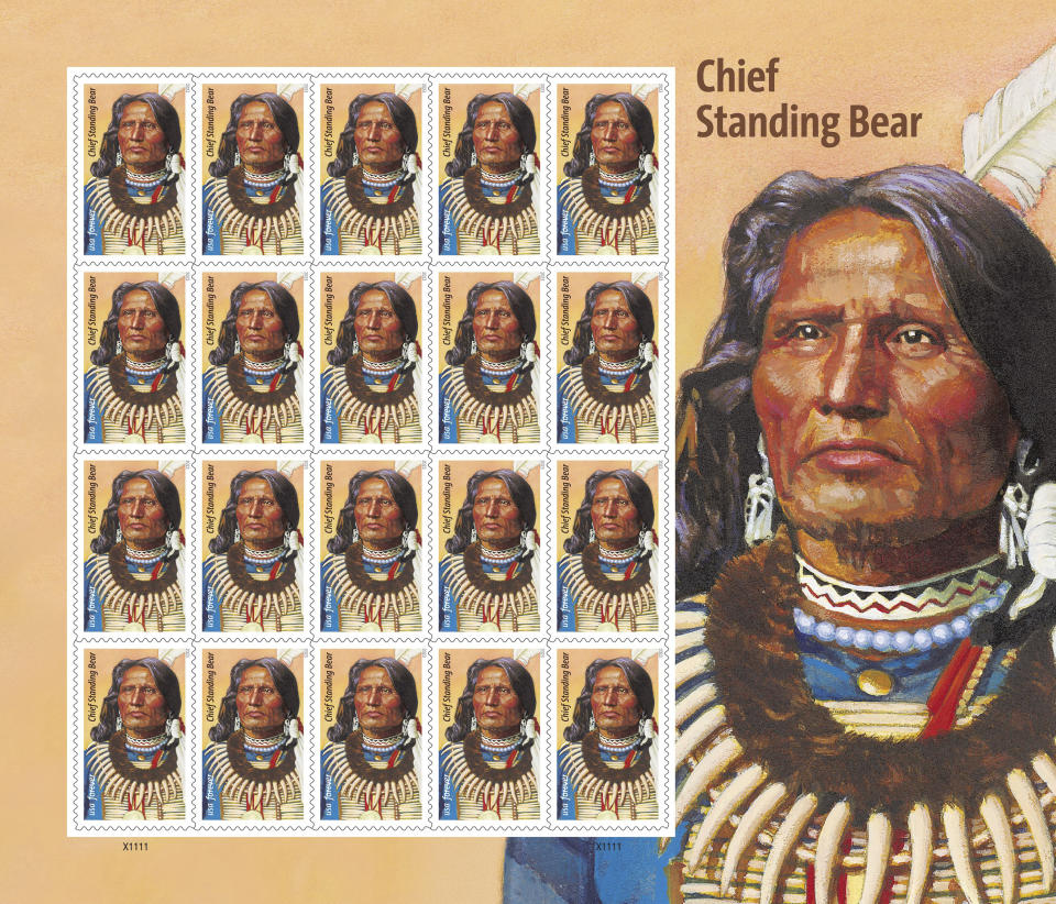 This image provided by the U.S. Postal Service shows the new stamp honoring Native American civil rights leader Chief Standing Bear, issued on Friday, May 12, 2023. Standing Bear won a landmark court ruling in 1879 recognizing that Native Americans are entitled to inherent rights under the law. Art director Derry Noyes designed the stamp. (U.S. Postal Service via AP)