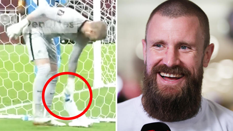 Socceroos goalie Andrew Redmayne's tactics during the penalty shootout against Peru were much more nuanced than it would seem. Pictures: Movistar/Getty Images