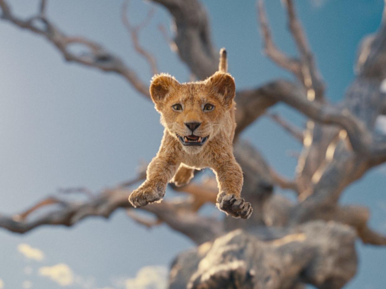 a CGI lion cub in mufasa, the lion king prequel movie. he's gleefully jumping down from a tree, smiling