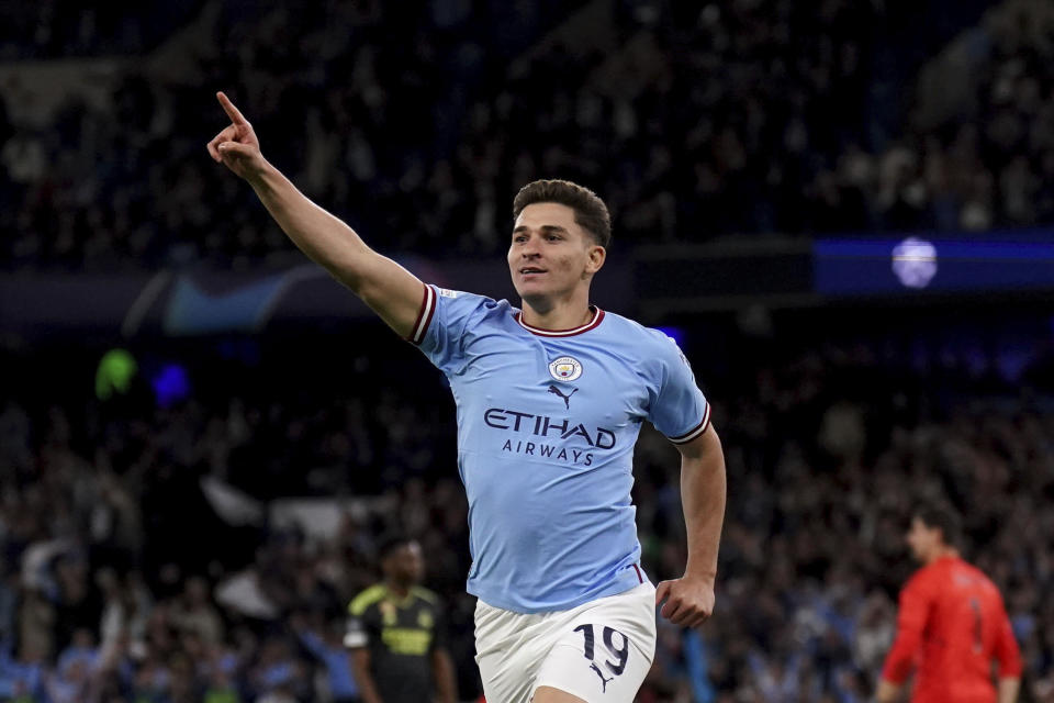 Manchester City's Julian Alvarez celebrates scoring during the Champions League semi-final second leg match between Manchester City and Real Madrid, at Etihad Stadium, in Manchester, England, Wednesday May 17, 2023. (Tim Goode/PA via AP)