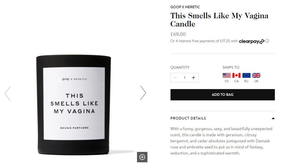 The candle as it appears on the Goop siteGoop