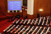 Screen shows the results of the vote on the national security legislation for Hong Kong Special Administrative Region at the closing session of NPC in Beijing