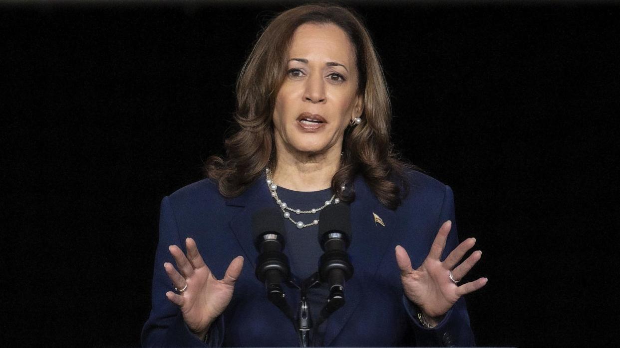 PHOTO: Vice President Kamala Harris addresses the Sigma Gamma Rho Sorority's Biennial Boule at the George R. Brown Convention Center on July 31, 2024 in Houston. (Brian Cahn/ZUMA Press Wire via Shutterstock )