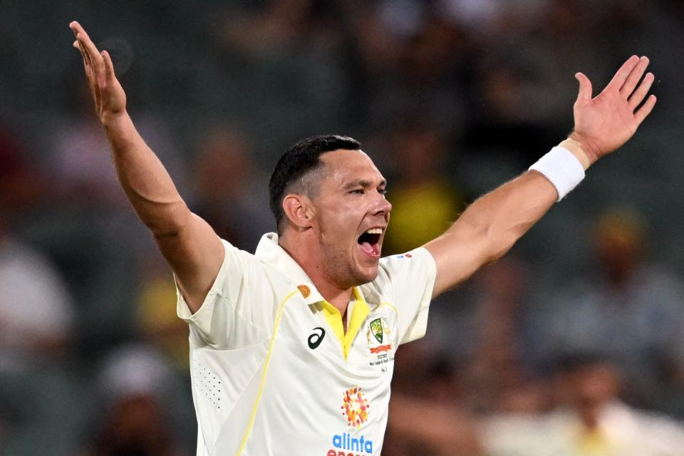 Pictured here, Australia's Scott Boland celebrates after taking a wicket against the West Indies in the second Test in Adelaide.