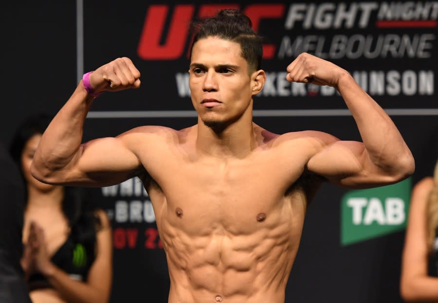 MELBOURNE, AUSTRALIA – NOVEMBER 26: Geane Herrera poses on the scale during the UFC weigh-in at Rod Laver Arena on November 26, 2016 in Melbourne, Australia. (Photo by Jeff Bottari/Zuffa LLC/Zuffa LLC via Getty Images)