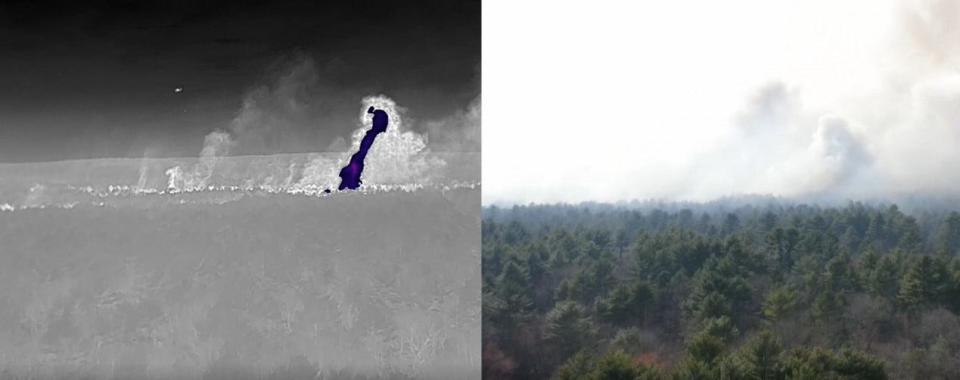 Side-by-side photos show how thermal imaging from a state police drone, left, offered firefighters a clearer view of April's Exeter wildfire, obscured by smoke at right.
