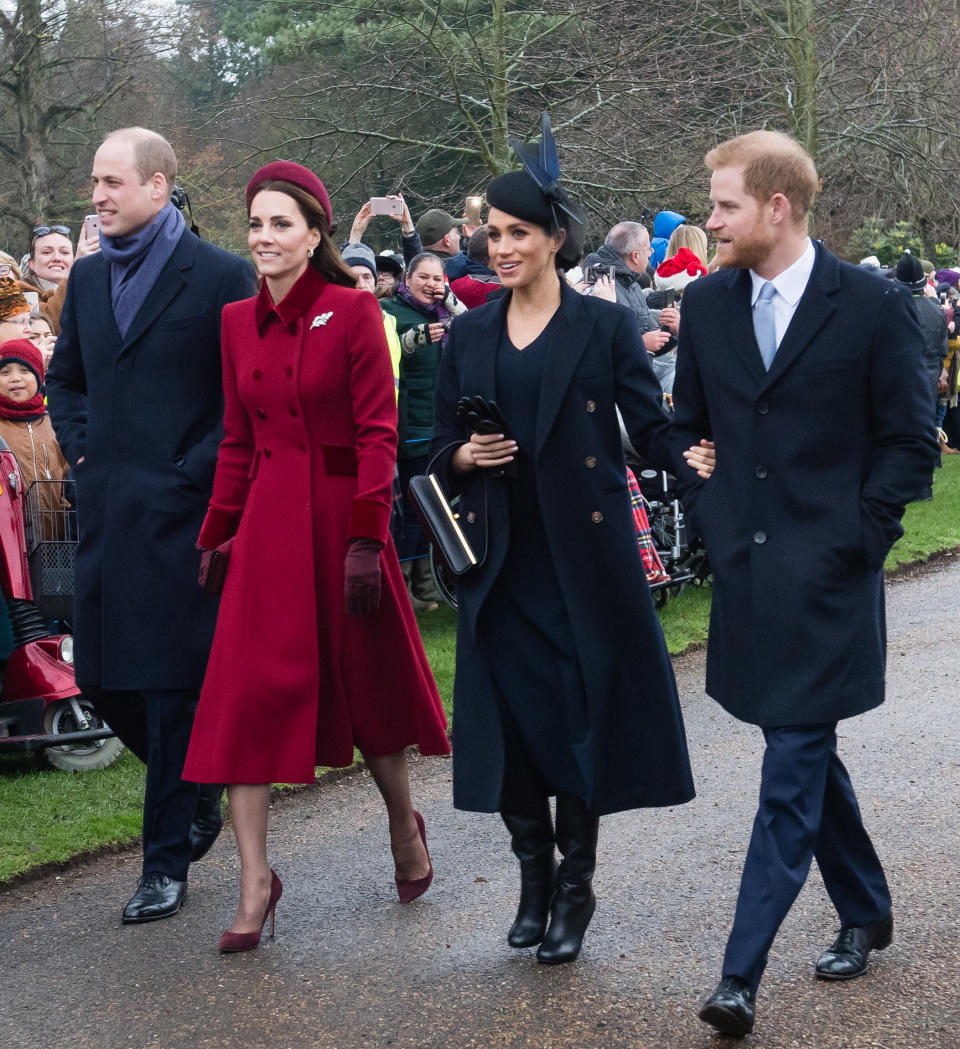 Prince William, Duke of Cambridge, Catherine, Duchess of Cambridge, Meghan, Duchess of Sussex and Prince Harry, Duke of Sussex attend Christmas Day Church service at Church of St Mary Magdalene on the Sandringham estate on December 25, 2018 in King's Lynn, England. (Photo by Samir Hussein/WireImage)