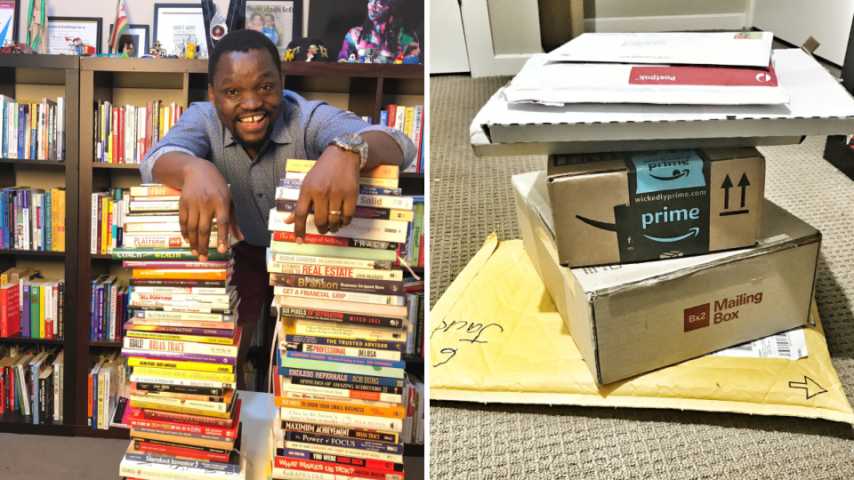 A composite image of Prosper Taruvinga with his books and a stack of new book deliveries that he ordered when he got his tax return back.