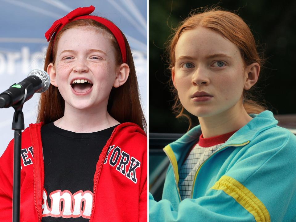 left: a young sadie sink singing outside, wearing a black "annie" tshirt, a red "new york" hoodie, and a red headband with a bow; right: sadie sink as max on stranger things, looking serious with her hair pulled back and wearing an aqua colored windbreaker