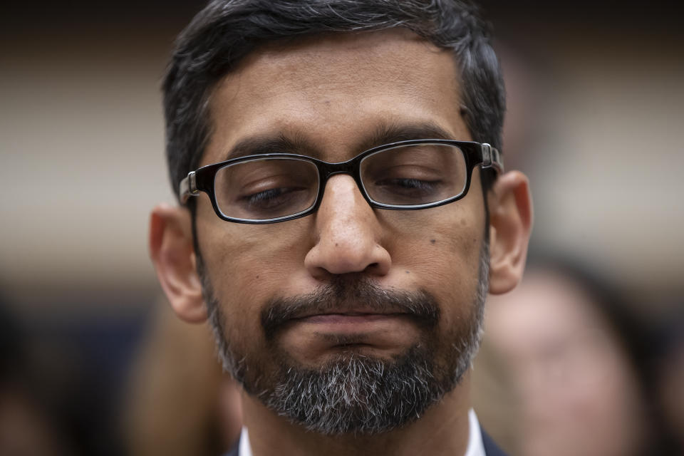 Google CEO Sundar Pichai appears before the House Judiciary Committee to be questioned about the internet giant's privacy security and data collection, on Capitol Hill in Washington, Tuesday, Dec. 11, 2018. Pichai angered members of a Senate panel in September by declining their invitation to testify about foreign governments' manipulation of online services to sway U.S. political elections. (AP Photo/J. Scott Applewhite)