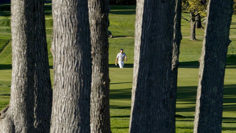 Bryson DeChambeau, of the United States, walks up the 16th fairway during the final round of the US Open Golf Championship, Sunday, Sept. 20, 2020, in Mamaroneck, N.Y. (AP Photo/Charles Krupa)