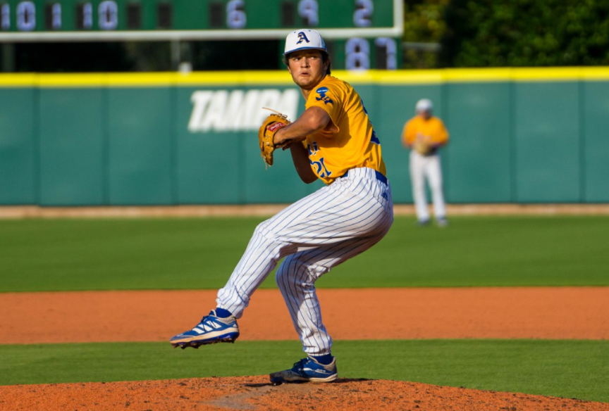 Angelo State's Aaron Munson winds up to throw a pitch against Wingate during the NCAA Division II World Series in Cary, North Carolina last year.