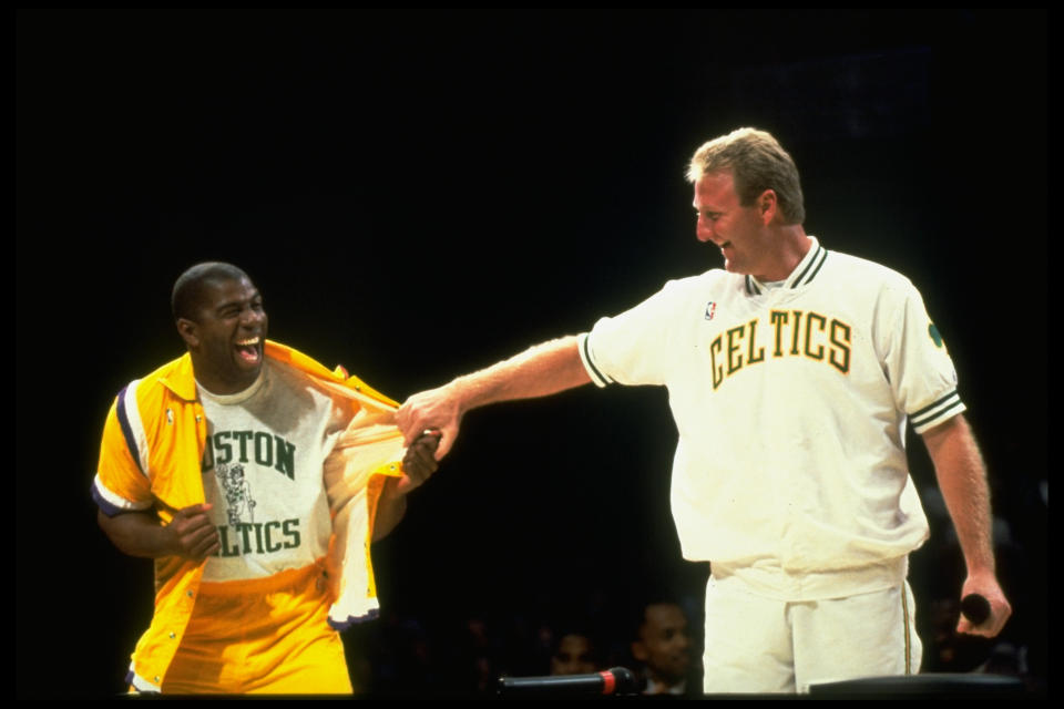 Basketball: Larry Bird night feature. Boston Celtics Larry Bird casual w. LA Lakers Magic Johnson. Birds retirement ceremony.  (Photo by Steve Lipofsky/The LIFE Images Collection via Getty Images/Getty Images)